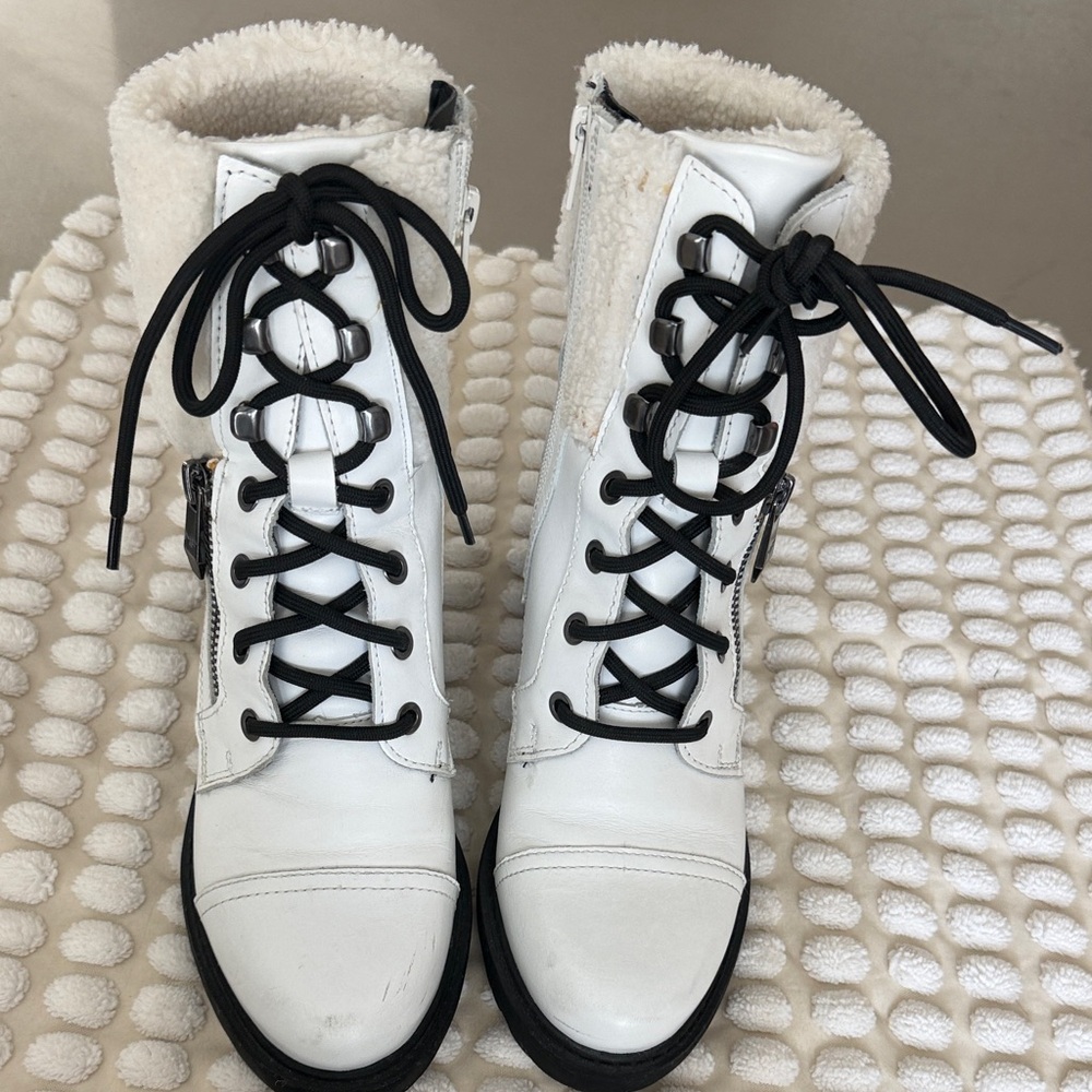Marc Fisher White Lace-Up Combat Boots with Black Laces